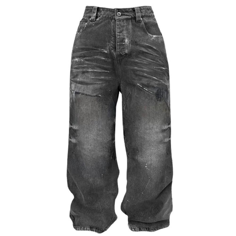 Balenciaga Style Vintage Faded Painted Baggy Wide-leg Denim Jeans Black size 30